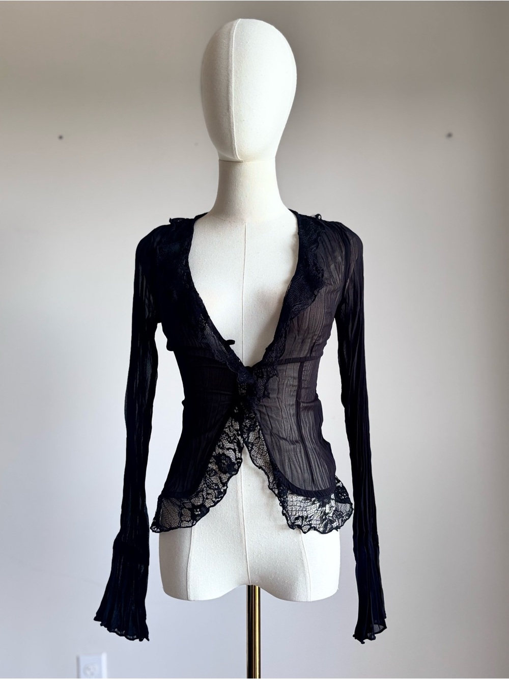 Tiger Mist Black Sheer Lace-Trim Long Sleeve Top